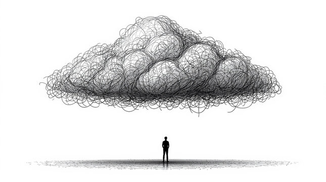 Silhouette of person standing under a dense scribbled cloud