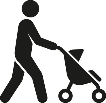 Black silhouette icon of a person walking and pushing a baby stroller for modern parent and family care concept illustration design as a simple flat vector graphic sign