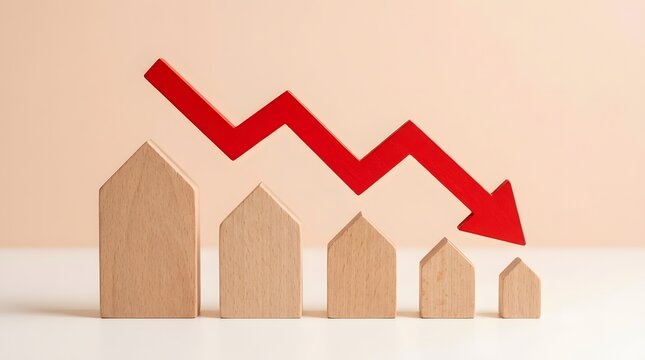 Declining business performance represented by wooden blocks and a red downward trend arrow
