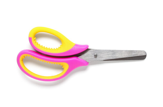 Childrens safety scissors for school and craft projects, colorful pink and yellow handles, isolated on white background