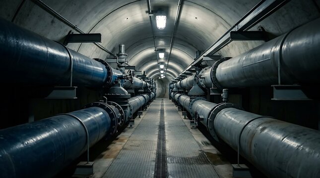 Dimly lit underground tunnel containing rows of heavy-duty industrial utility pipes, steel support frames, overhead lighting, and a paved walkway extending into a long central perspective.