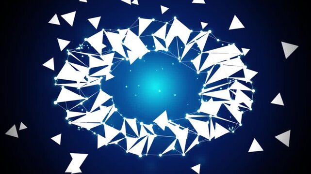 Abstract Futuristic Polygon Eye Vortex with Glowing Blue Light and Plexus Network Background seamless loop, blue Christmas ball
