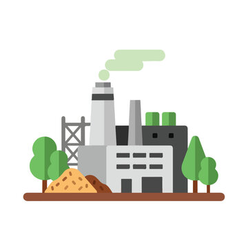 Industrial factory building illustration with smoking chimney and green trees in flat style