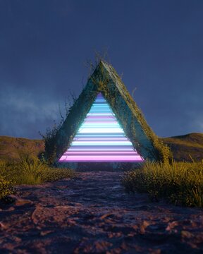 Ancient Stone Triangle Portal with Glitch Light in Overgrown Landscape