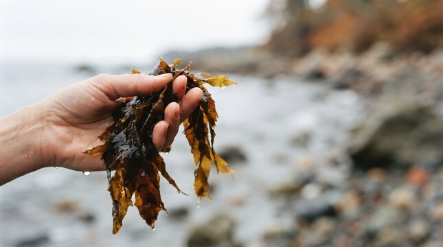 Person holding brown kelp seaweed by the ocean shore representing foraging and coastal exploration