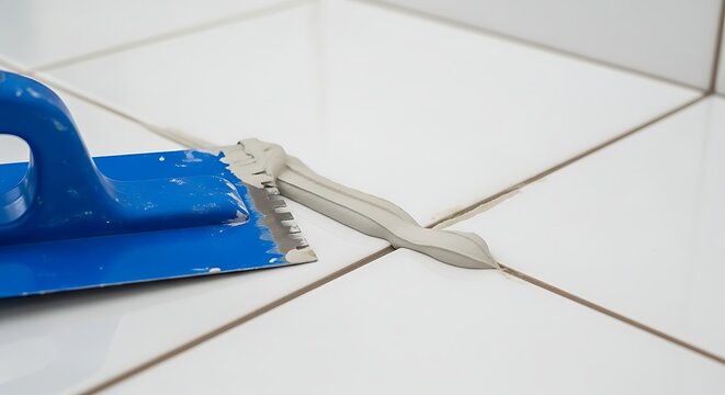Blue Trowel Spreading Filler on White Tile Surface