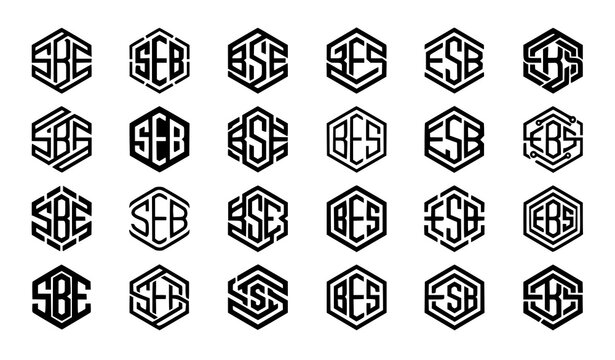 Modern Geometric Hexagon Monogram Logo Set Featuring Corporate SEB BES ESB Letter Combos, Minimalist Tech Brand Identity Badges, and Cubism Inspired Typography Vector Graphic Symbols