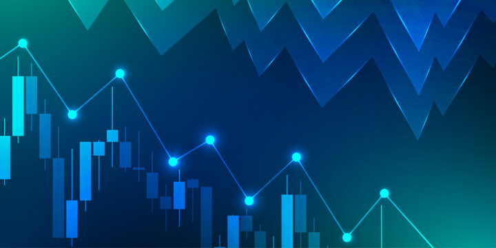 Abstract financial stock market on blue and green gradient background with graph and candlestick. Design for wealth management banking financial technology and economic business.