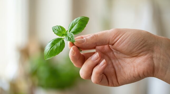 Woman holding fresh green basil sprig in hand closeup for cooking and herb concepts