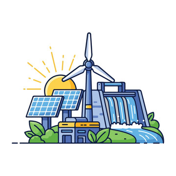 Clean renewable energy illustration featuring wind turbine solar panels and hydroelectric dam on white background