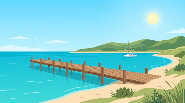 Peaceful coastal harbor landscape with wooden pier turquoise ocean water sailboat and sunny sky vector.