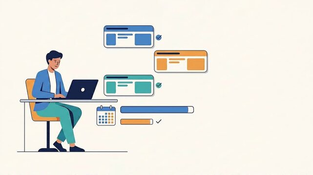 Person working on laptop with task lists in flat graphic style