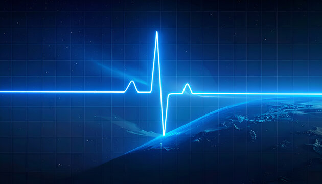 Digital representation of a heartbeat displayed over a stylized planet with a blue grid in the background, implying health