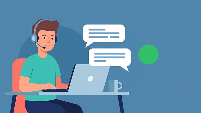 Support agent typing on laptop with chat bubbles