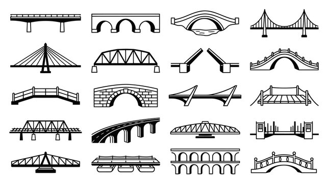 Architecture and Engineering Bridge Types Line Art Icons Set. Infrastructure Structures Black and White Collection.