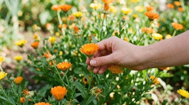 Woman picking fresh bright orange calendula flowers in a sunny garden bed representing organic gardening and herbal medicine