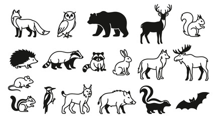 Fototapeta premium Black and White Line Art Wildlife Animals Icon Set, Nature Fauna Vector