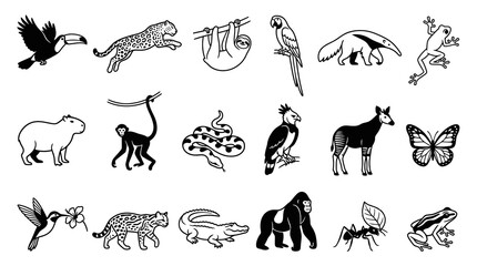 Naklejka premium Minimalist Black and White Line Art Icons of Diverse Jungle and Rainforest Animals Collection