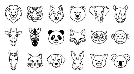 Naklejka premium Minimalist Black and White Line Art Animal Heads Icons Set. Wildlife Nature Outline Vector Illustrations.