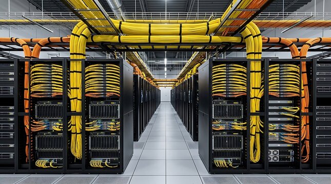 A wide angle view of an organized data center hall featuring rows of black server racks connected by bright yellow overhead cables running along structural metal trays under modern light fixtures.