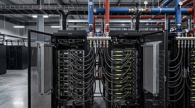 Open server racks in a data center facility displaying liquid cooling pipes overhead with red and blue supply lines connecting directly into internal high performance compute nodes.