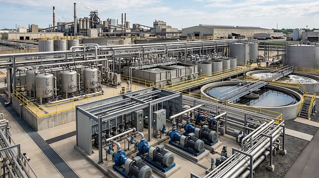 High angle view of an industrial water purification and treatment facility featuring circular clarifier tanks, outdoor filtration units, electric motor pumps, and steel piping manifolds.