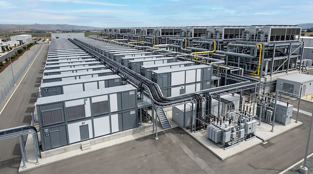 Aerial overview of a modern data center complex showcasing rows of modular containerized units, extensive overhead cooling systems, electrical transformers, and perimeter infrastructure.