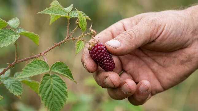 A mature man harvesting a fresh ripe loganberry from the bush in the garden for healthy eating