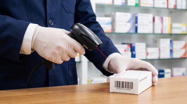 pharmacy inventory management and barcode scanning system. gloved pharmacist verifying prescription medication package. automated healthcare logistics and retail dispensary control.

