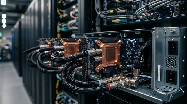 Side view close up of open server blade chassis inside a data center revealing custom copper liquid cooling plates mounted on processors connected with flexible black coolant hoses.