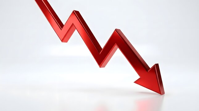 A striking red arrow pointing down represents loss financial downturn negative market trends and economic hardship