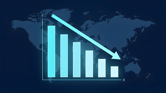 Declining global economy illustrated by a dramatic downward trending bar graph on world map