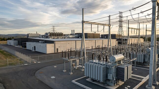 High angle outdoor shot of a high voltage electrical substation positioned next to a large data center facility, complete with power transformers, grid lines, and transmission towers.