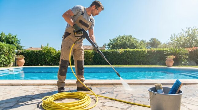Professional man pressure washing a pool deck in the backyard, power cleaning patio concept