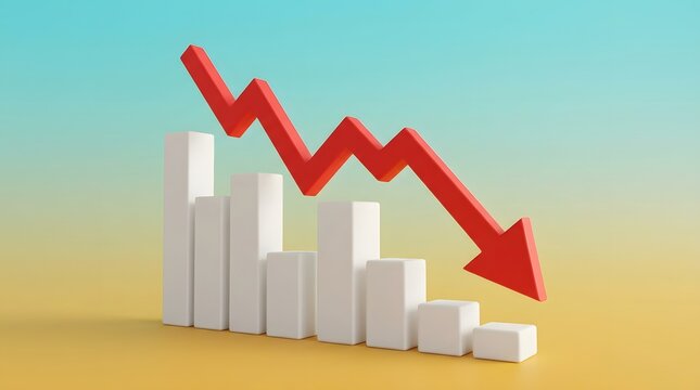 Dramatic decline in financial data represented by a red arrow and falling bar graph