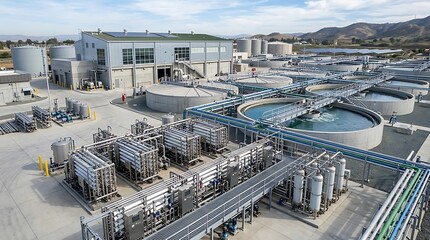 Fototapeta premium High angle outdoor view of a water treatment and recycling plant showing large circular clarification basins, filtration tanks, pump stations, and administrative office buildings.