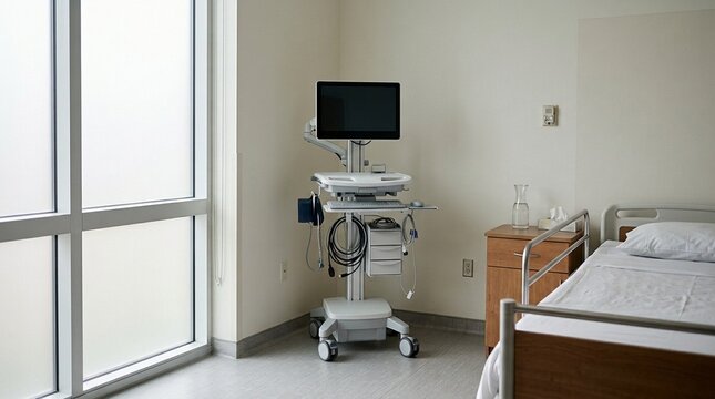 Bedside monitor cart standing within a patient room corner, wide interior view, mobile nursing workstation and hospital technology concept, no people