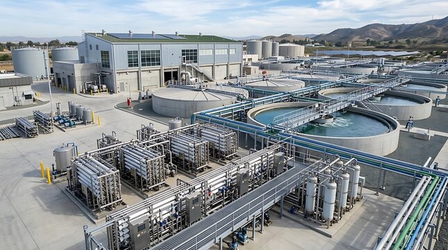 High angle outdoor view of a water treatment and recycling plant showing large circular clarification basins, filtration tanks, pump stations, and administrative office buildings.