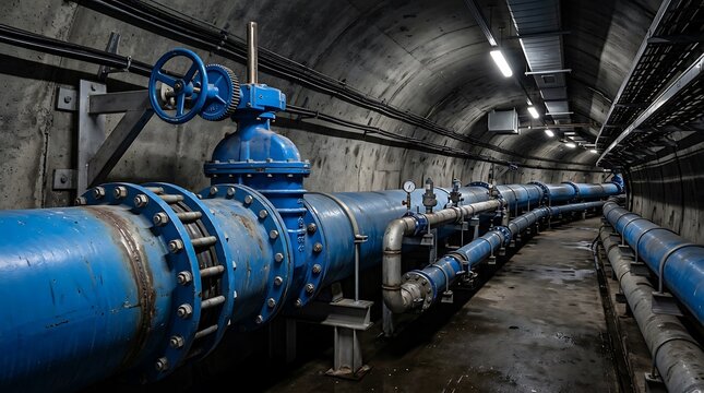 A wide perspective view of a long concrete utility tunnel featuring a large blue industrial pipeline with a manual control wheel valve and secondary pipes extending down the passage.