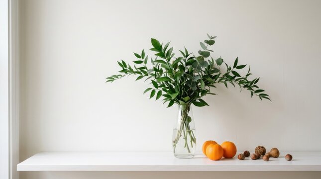 A glass vase with green eucalyptus branches on a white shelf with oranges and nuts, minimalist home decor against a plain white wall background