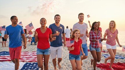 Fototapeta premium Diverse group of happy young adult friends and a child celebrating Independence Day on a sandy beach with American flags and sparklers at sunset