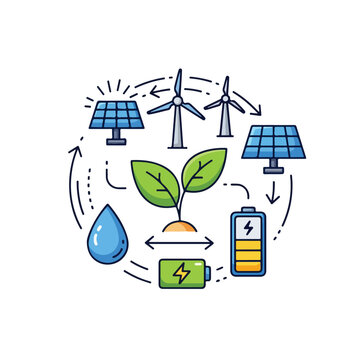 Green energy cycle illustration with solar panels, wind turbines, plant sprout, water drop, and battery icons