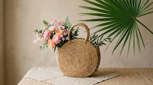 A round woven straw bag filled with a bouquet of pink and peach ranunculus flowers, sitting on a linen cloth with a large green palm leaf