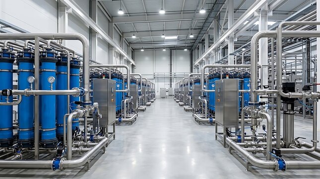 Bright interior view of an industrial water purification facility housing neat rows of vertical blue filtration vessels and stainless steel piping connected across a polished floor.