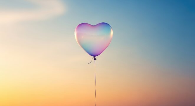 A single iridescent heart shaped balloon floating in the clear sky during a soft sunset with gradient colors of orange, yellow, and blue light