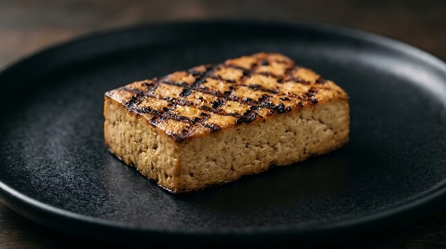Grilled tofu block with grill marks on a black plate