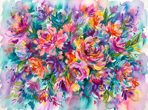 Abstract watercolor painting featuring vibrant colorful flowers in a loose expressive style with bright pink orange and teal