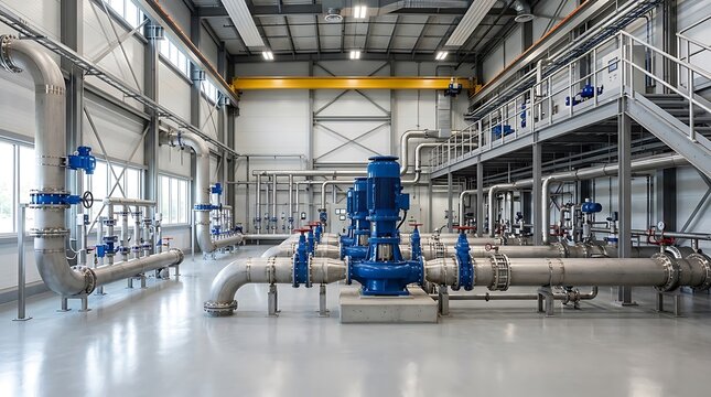 Interior view of a high ceiling water pumping station featuring blue vertical electric pumps, large stainless steel pipes, polished concrete flooring, and an overhead crane system.