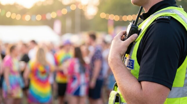 Male police officer on duty holding walkie talkie at outdoor music festival crowd event