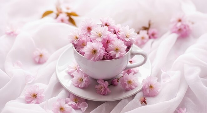 A white ceramic teacup filled with delicate pink cherry blossom flowers resting on a soft white fabric background, with scattered petals
